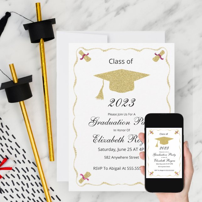 Elegant Chic Graduation Glitter Cap And Diploma  Invitation (Creator Uploaded)