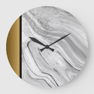 Elegant Chic Gray Black White Gold Marble Pattern  Large Clock