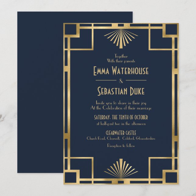 Elegant chic  Great Gatsby Art Deco Wedding Invita Invitation (Front/Back)