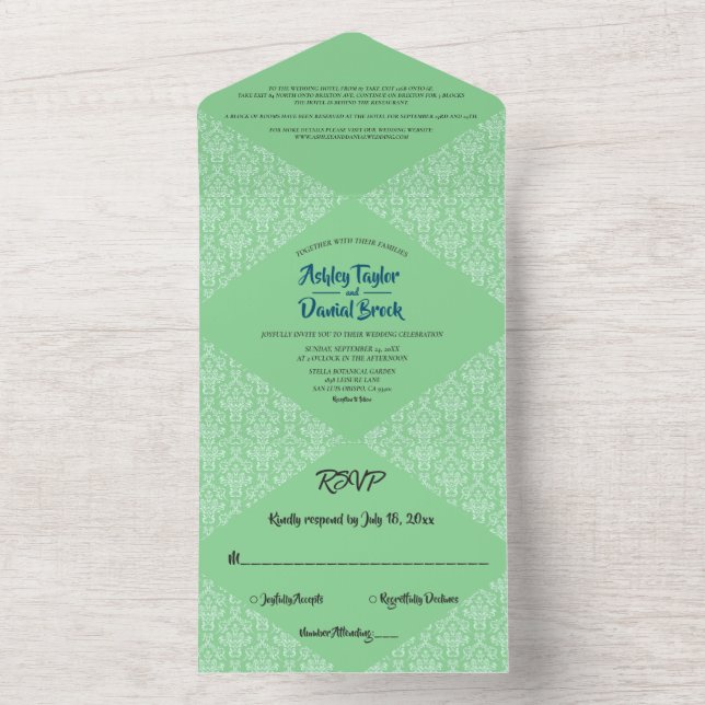 Elegant Chic Green Art Deco Damask Classic Wedding All In One Invitation (Inside)