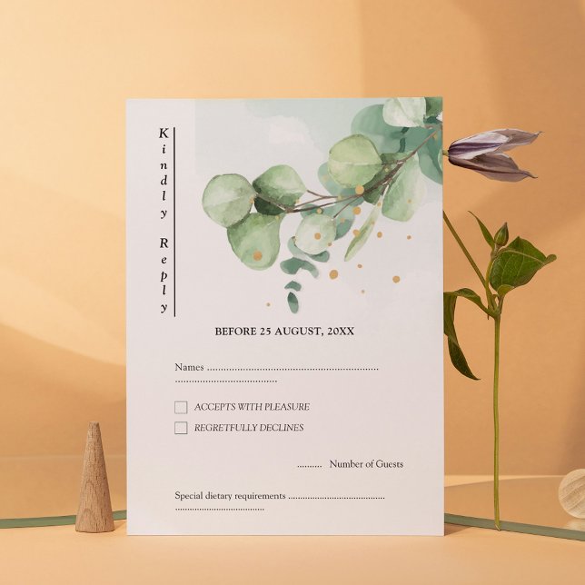 Elegant Chic Green Eucalyptus Wedding Gold accents RSVP Card (Creator Uploaded)