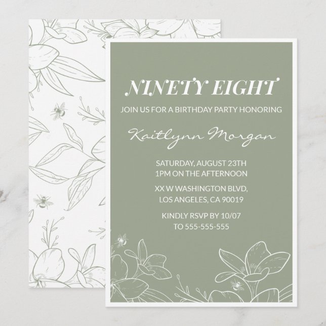 Elegant Chic Green Floral 98th birthday invitation (Front/Back)