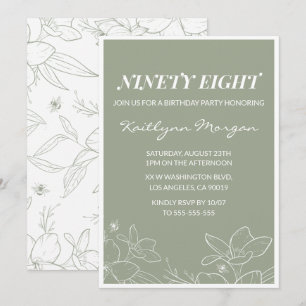Elegant Chic Green Floral 98th birthday invitation