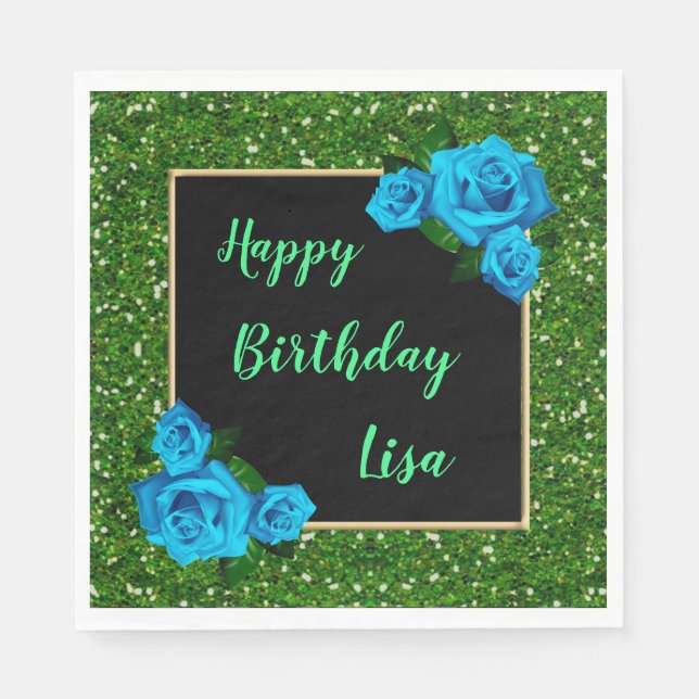 Elegant Chic Green Glitter Blue Roses Birthday Napkin (Front)