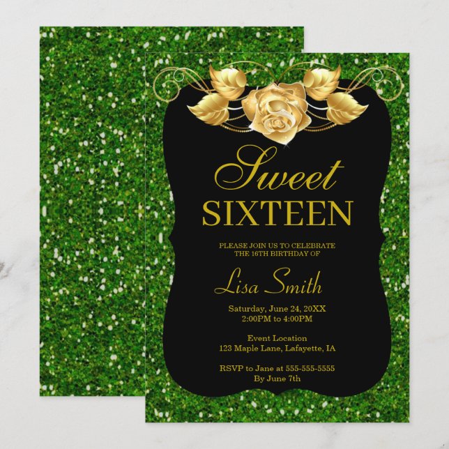 Elegant Chic Green Glitter Gold Rose Sweet 16 Invitation (Front/Back)