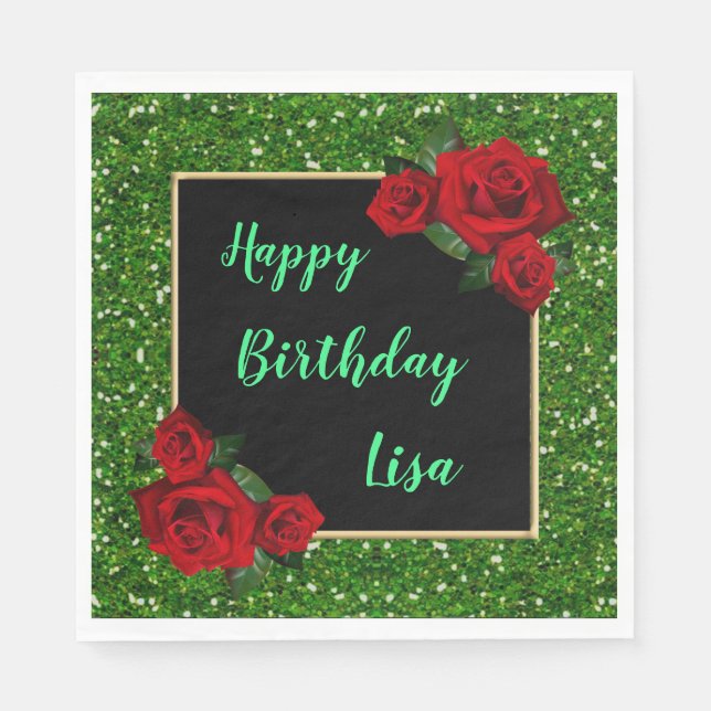Elegant Chic Green Glitter Red Roses Birthday Napkin (Front)