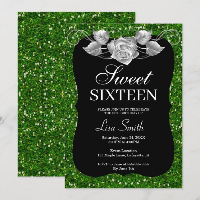Elegant Chic Green Glitter Silver Rose Sweet 16 Invitation (Front/Back)