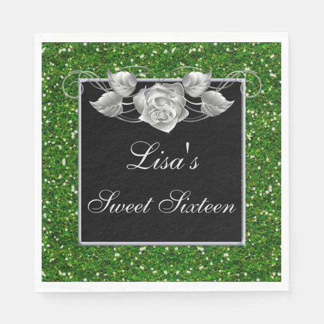 Elegant Chic Green Glitter Silver Rose Sweet 16 Napkin (Front)
