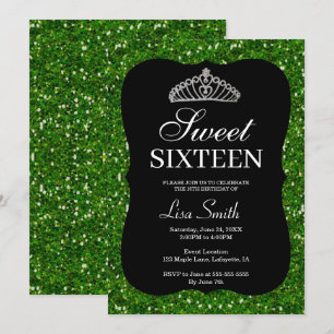 Elegant Chic Green Glitter Tiara Sweet 16 Invitation