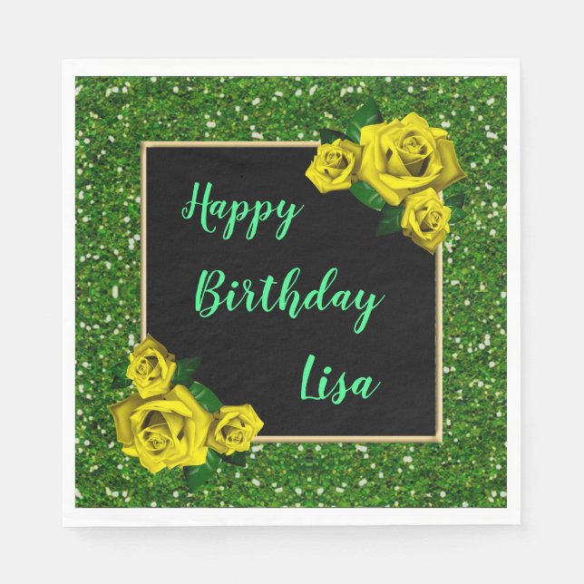 Elegant Chic Green Glitter Yellow Roses Birthday Napkin (Front)