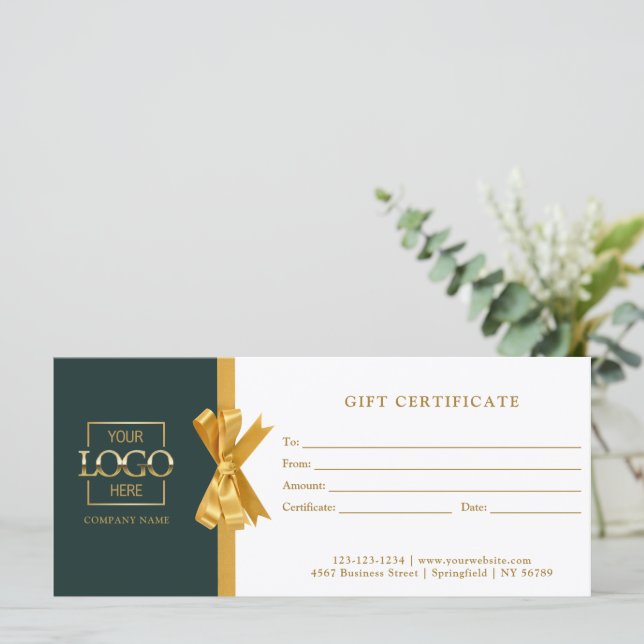 Elegant Chic Green Gold Business Gift Certificate (Standing Front)