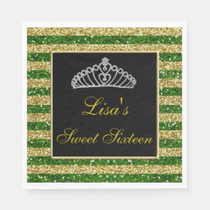 Elegant Chic Green Gold Glitter Tiara Sweet 16 Napkin