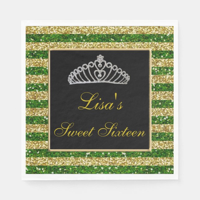 Elegant Chic Green Gold Glitter Tiara Sweet 16 Napkin (Front)