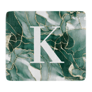 Elegant Chic Green Gold Marble Agate Monogram   Cutting Board