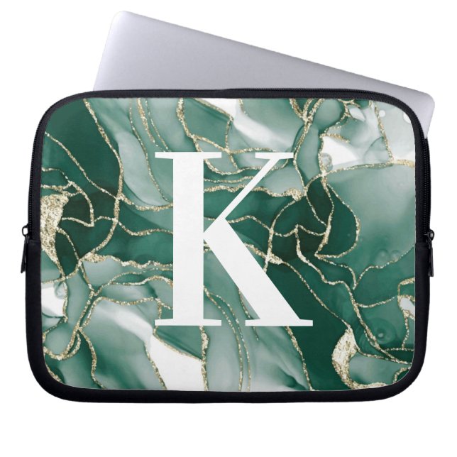 Elegant Chic Green Gold Marble Agate Monogram   Laptop Sleeve (Front)