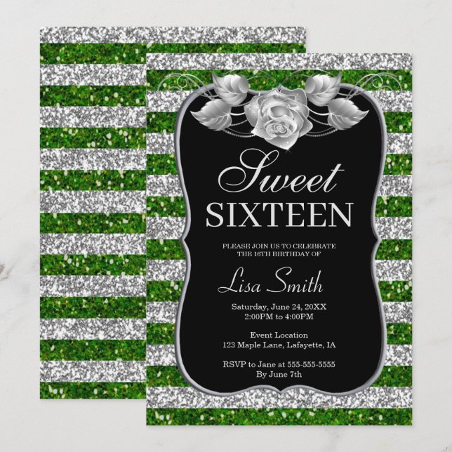 Elegant Chic Green Silver Glitter Rose Sweet 16 Invitation (Front/Back)