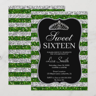 Elegant Chic Green Silver Glitter Tiara Sweet 16 Invitation