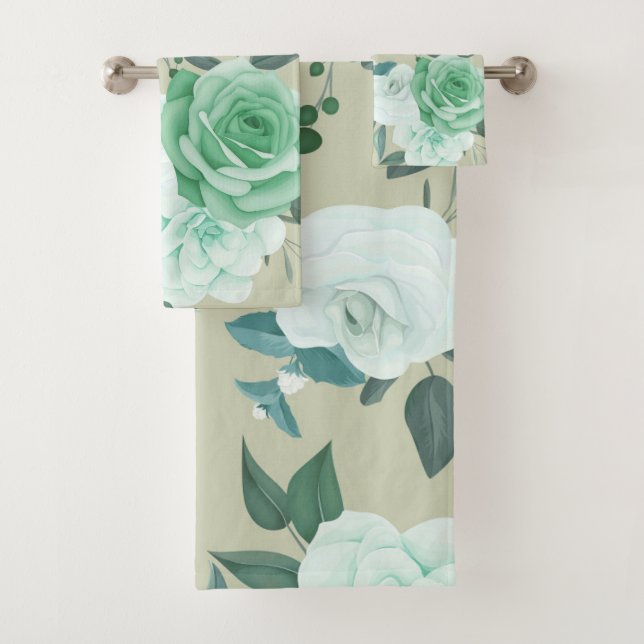 Elegant chic green white floral  bath towel set (Insitu)