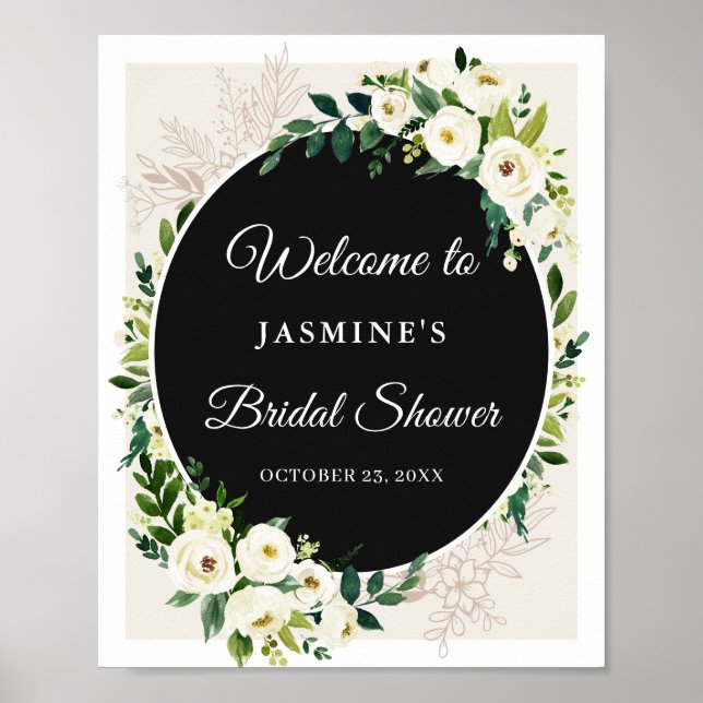Elegant Chic Green White Floral Bridal Shower Sign (Front)