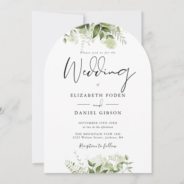 Elegant Chic Greenery Floral Monogram Wedding Arch Invitation (Front)