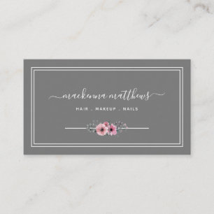 Elegant Chic Grey Floral Script Hair Stylist Salon Business Card