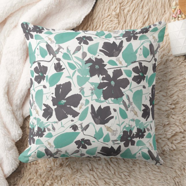 Elegant Chic Grey Teal Floral Pattern  Cushion (Blanket)