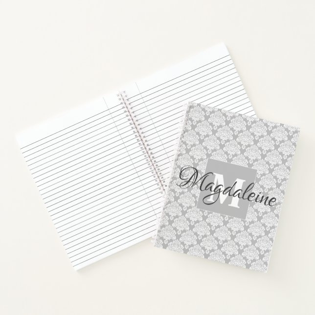 Elegant Chic Grey & White Damask Pattern Spiral Notebook (Inside)