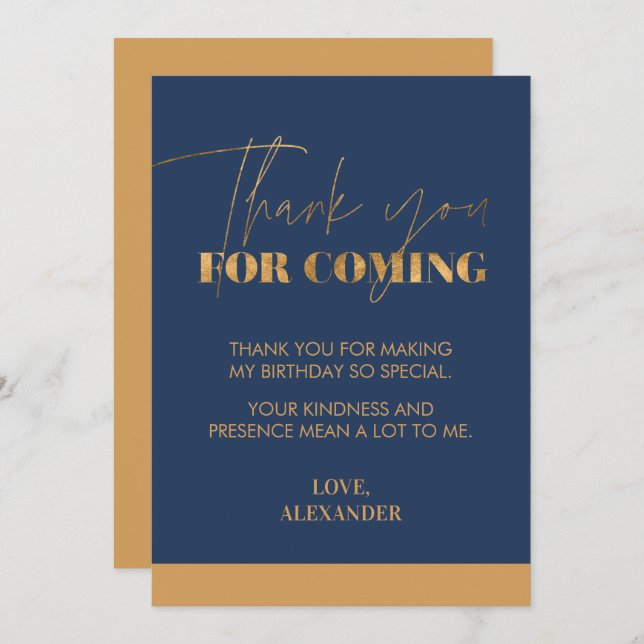 Elegant Chic Handwritten Navy Gold  Thank You Card (Front/Back)