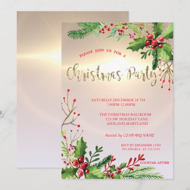 Elegant Chic Holly Berries Company Christmas Party Invitation (Front/Back)