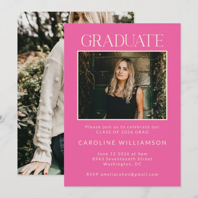 Elegant Chic Hot Pink Two Photo Graduation Party Invitation (Front/Back)