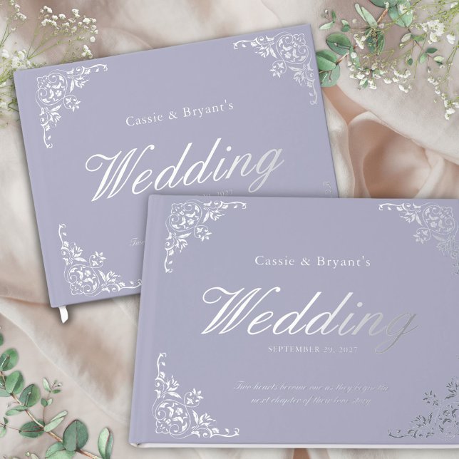 Elegant Chic Lavender Purple Wedding Guest Book (lavender purple guest book with silver foil and elegant decorative border for chic floral garden)