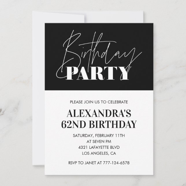 Elegant Chic Lettering Black White 62nd birthday Invitation (Front)