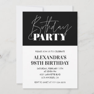 Elegant Chic Lettering Black White 98th birthday Invitation