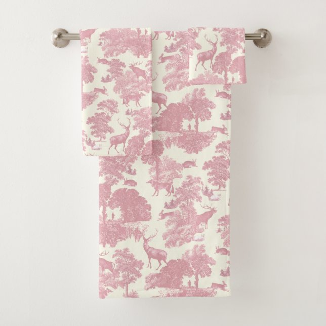 Elegant Chic Light Pink Toile Deer Woodland Bath Towel Set (Insitu)