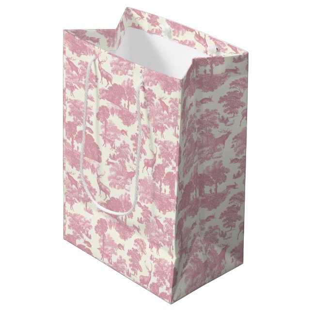 Elegant Chic Light Pink Toile Deer Woodland Medium Gift Bag (Front Angled)