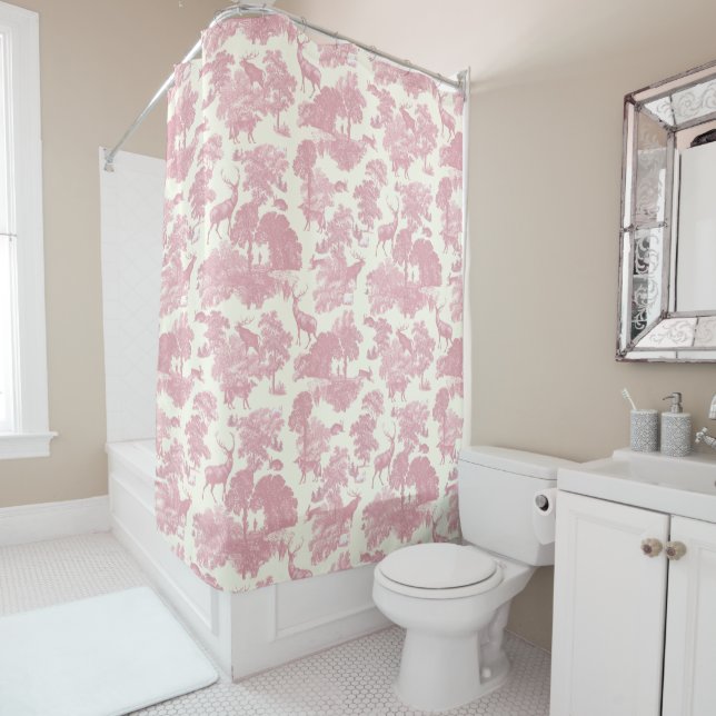 Elegant Chic Light Pink Toile Deer Woodland Shower Curtain (In Situ)