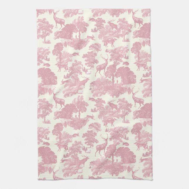 Elegant Chic Light Pink Toile Deer Woodland Tea Towel (Vertical)