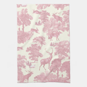 Elegant Chic Light Pink Toile Deer Woodland Tea Towel