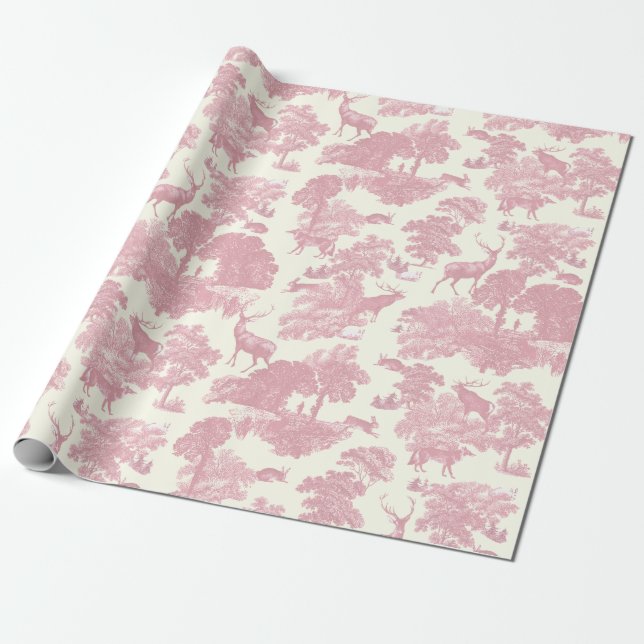 Elegant Chic Light Pink Toile Deer Woodland Wrapping Paper (Unrolled)