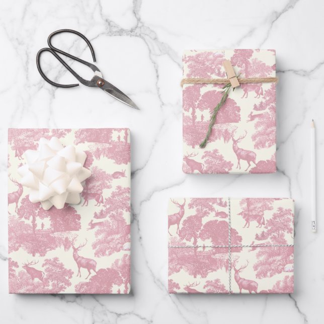 Elegant Chic Light Pink Toile Deer Woodland Wrapping Paper Sheet (Front)