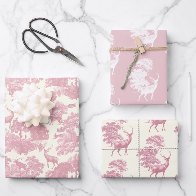 Elegant Chic Light Pink Toile Deer Woodland Wrapping Paper Sheet (Front)