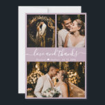 Elegant Chic Lilac 3 Photo Collage Wedding Thank Y You Card<br><div class="desc">Modern, Elegant "Love and Thanks" Script Lilac Wedding 3 Photo Collage Thank You Card. Stylish, chic wedding thank you card template featuring three (3) photo on the front and one (1) photo on the back. With the text "Love and thanks" script in a swirly cursive hand lettered typography swash-tail font...</div>