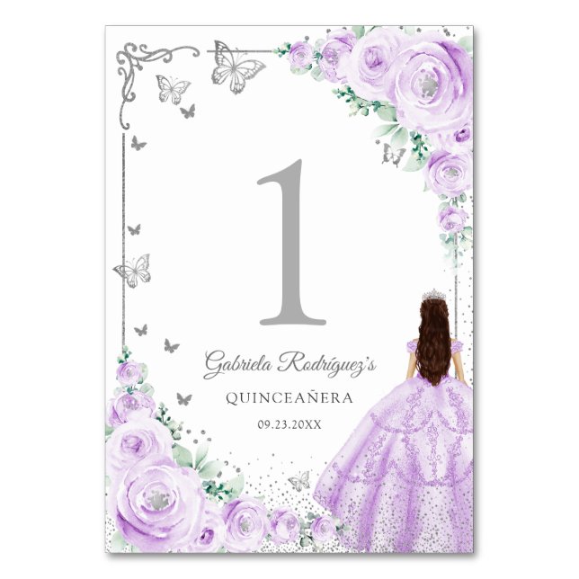 Elegant Chic Lilac Purple Roses Silver Quinceanera Table Number (Front)