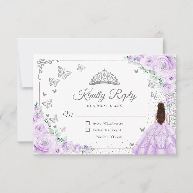 Elegant Chic Lilac Purple Silver Quinceanera Reply RSVP Card (Front)