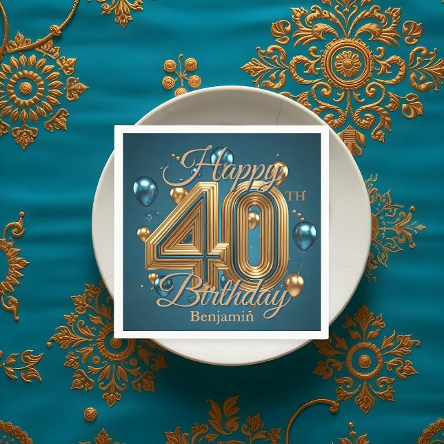 Elegant Chic Luxurious Blue and Gold 40th Birthday Napkin (Creator Uploaded)