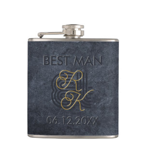 Elegant Chic Luxury Charcoal Black & Gold Monogram Hip Flask