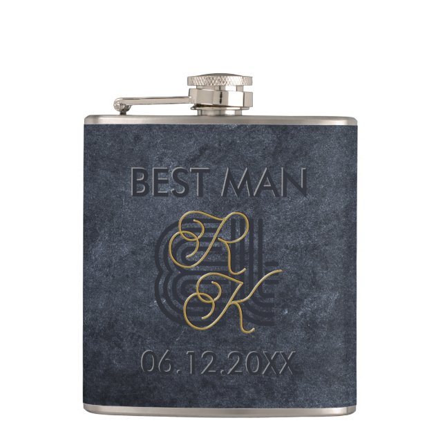 Elegant Chic Luxury Charcoal Black & Gold Monogram Hip Flask (Front)