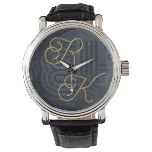 Elegant Chic Luxury Charcoal Black & Gold Monogram Watch