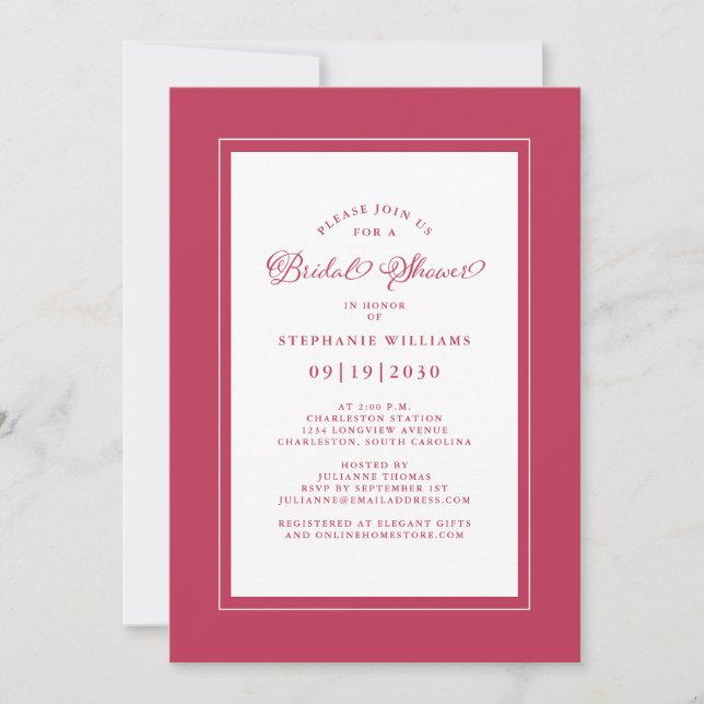 Elegant Chic Magenta Red Wedding Bridal Shower Invitation (Front)