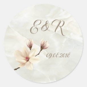 Elegant Chic Magnolia, Marble Wedding Classic Round Sticker